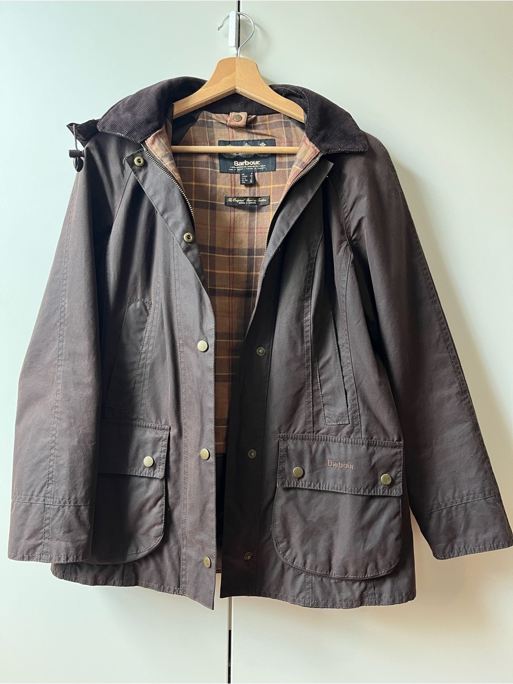 Barbour Beadnell Jacket & Detachable Hood Brown Waxed Cotton US 4 UK 8 Plaid